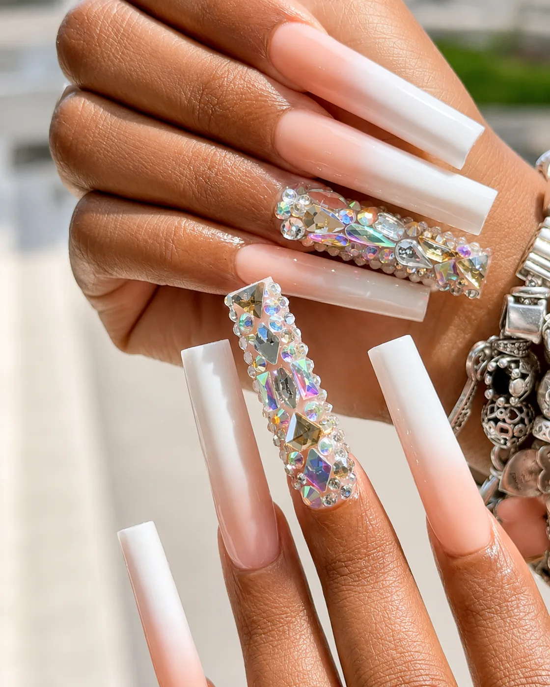 Long square nails in white with a fully crystal-encrusted rhinestone accent nail